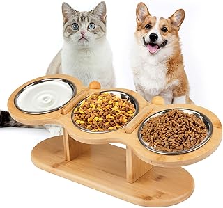 Katzennapf Erhöht, Futterstation Katzen mit 3 Edelstahl Schüsseln, Futternapf Katze Erhöht Höhe Verstellbar mit Holz Ständer, Ergonomischer Futterstatio, Wassernapf für Katzen,Kleine Hunde product image
