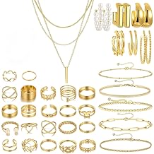 Gold Jewellery Set, Gold Costume Jewellery Sets For Women, 6 Pairs Chunky Hoop Earrings, 5 Golden Bracelet Set, 3 Layered Necklaces, 22 Knuckle Rings, Ring Sets For Women