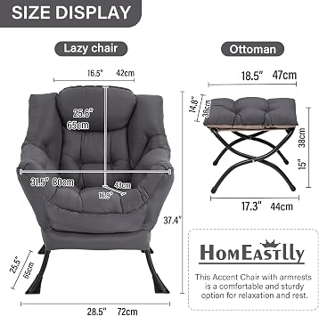 Lazy Chair with Ottoman Reading Arm Chair with Armrest and Footrest Large Modern Lounge Accent Chair with Ottoman Leisure Sofa Chair for Living Room, Bedroom and Dorm Room Dark Grey