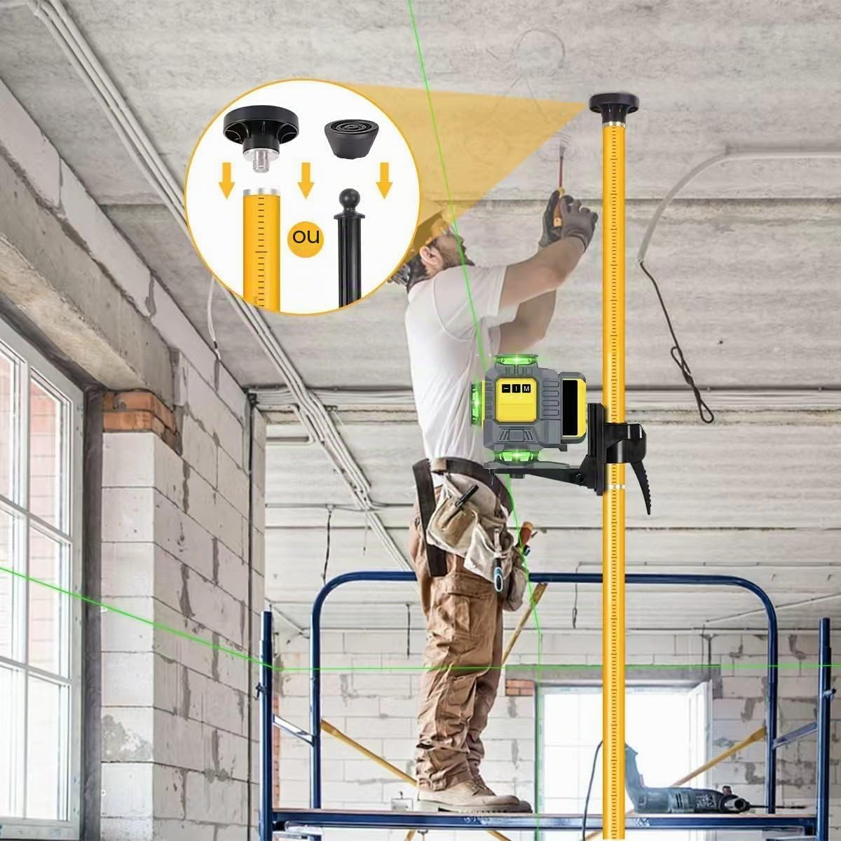 Barre de nivellement laser télescopique avec trépied extensible jusqu'à 3,6 m avec support laser 1/4" x 20", avec écrou adaptateur 5/8"-11