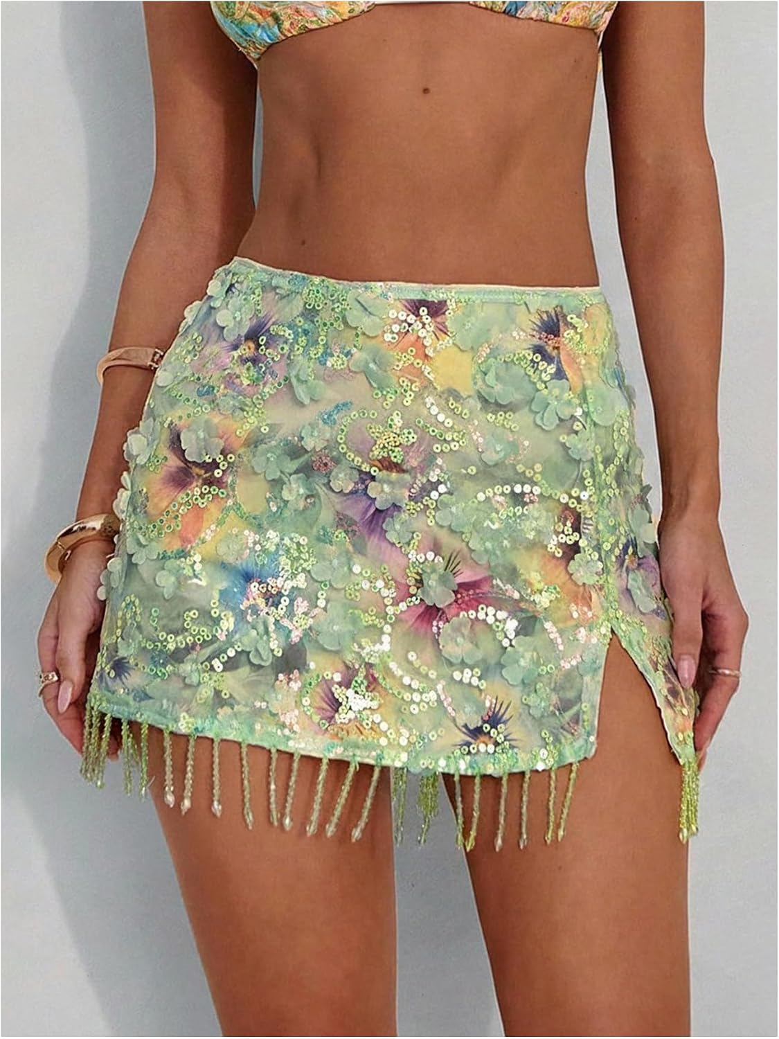 WDIRARA Women's Floral Sequin Mini Skirt Split Hem Skirts Festival Clubwear