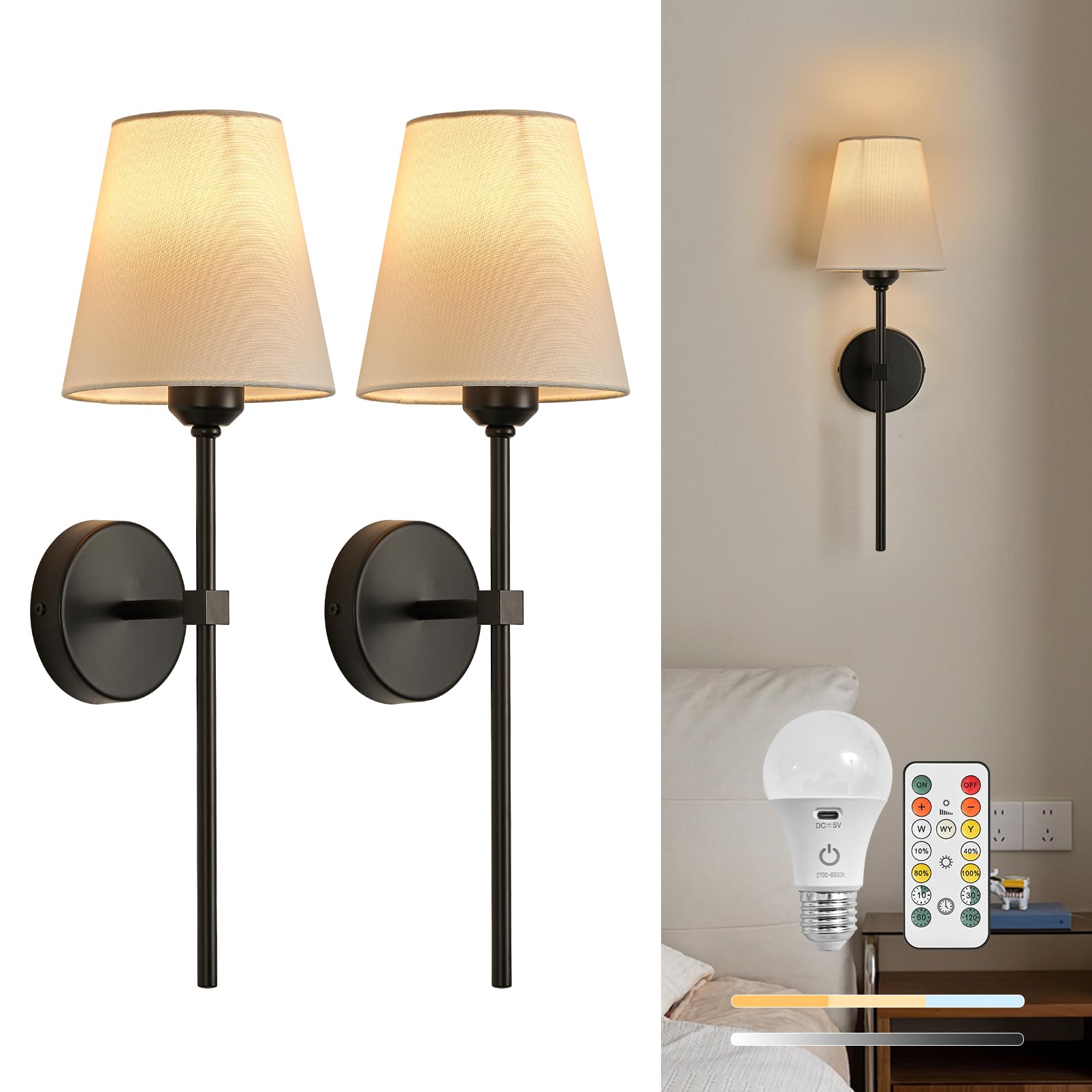 BRIMETI Lámpara de Pared LED Interior sin Cable con Batería Aplique de Pared Lamparas Usb Recargable Dormitorio 2 PCS 5500mAh con Control Remoto, para Salón Comedor