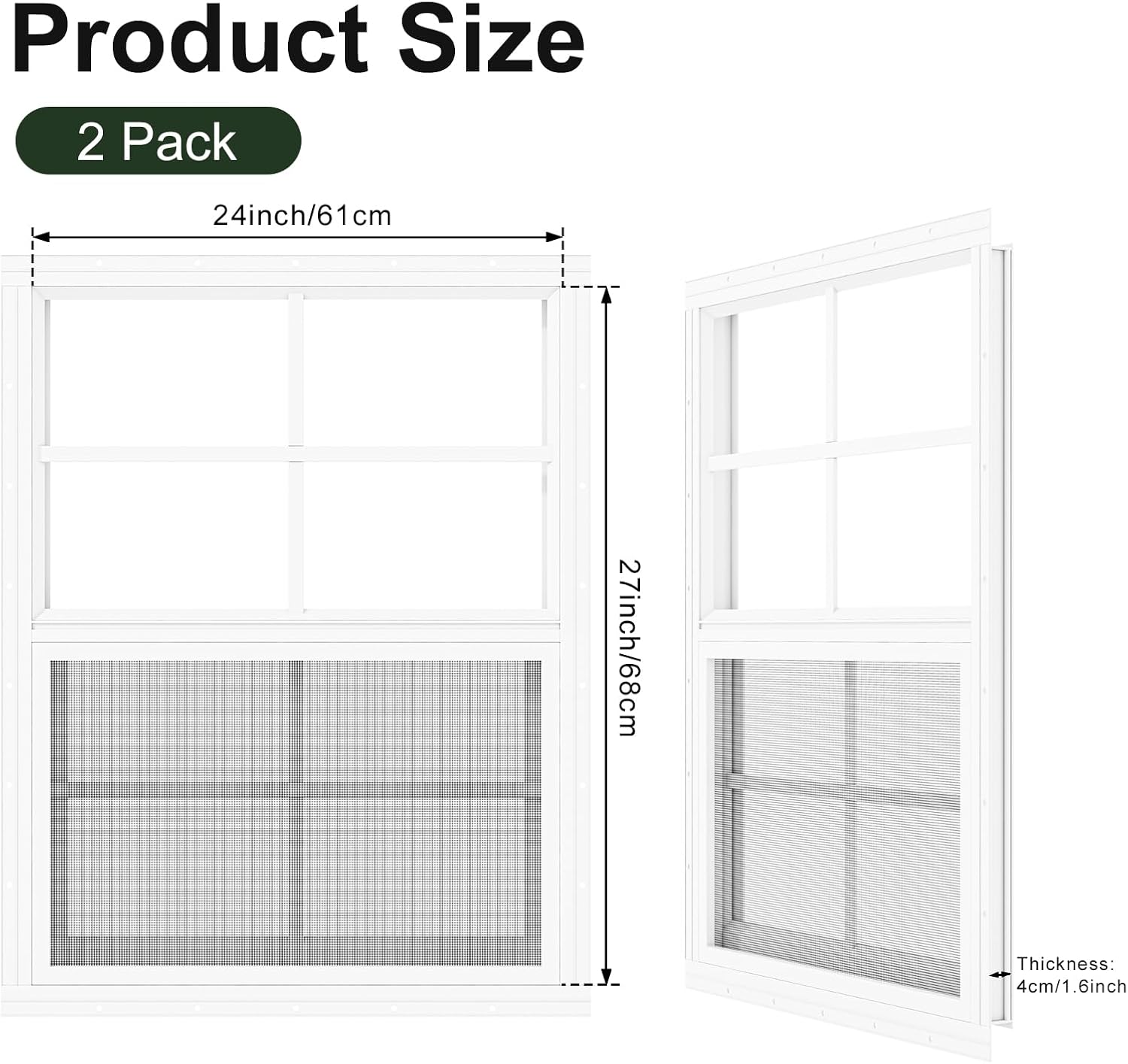 2 Pack Shed Windows 24" x 27" Flush Mount Window with Tempered Glass,House Small Windows,Household Sliding Windows for Chicken Coop, Playhouse, Household, Garage