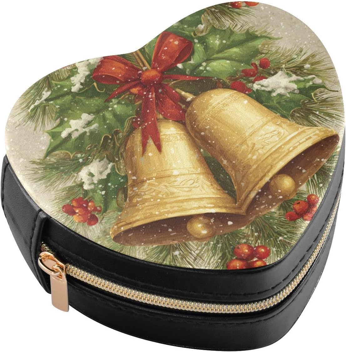 OTVEE Retro Golden Bells Heart-Shaped Jewelry Travel Case – Compact PU Leather Organizer with 6 Ring Slots, 3 Necklace Hooks & Drawstring Pouch, Portable Storage Box for Earrings, Ideal Gift for Her image 3