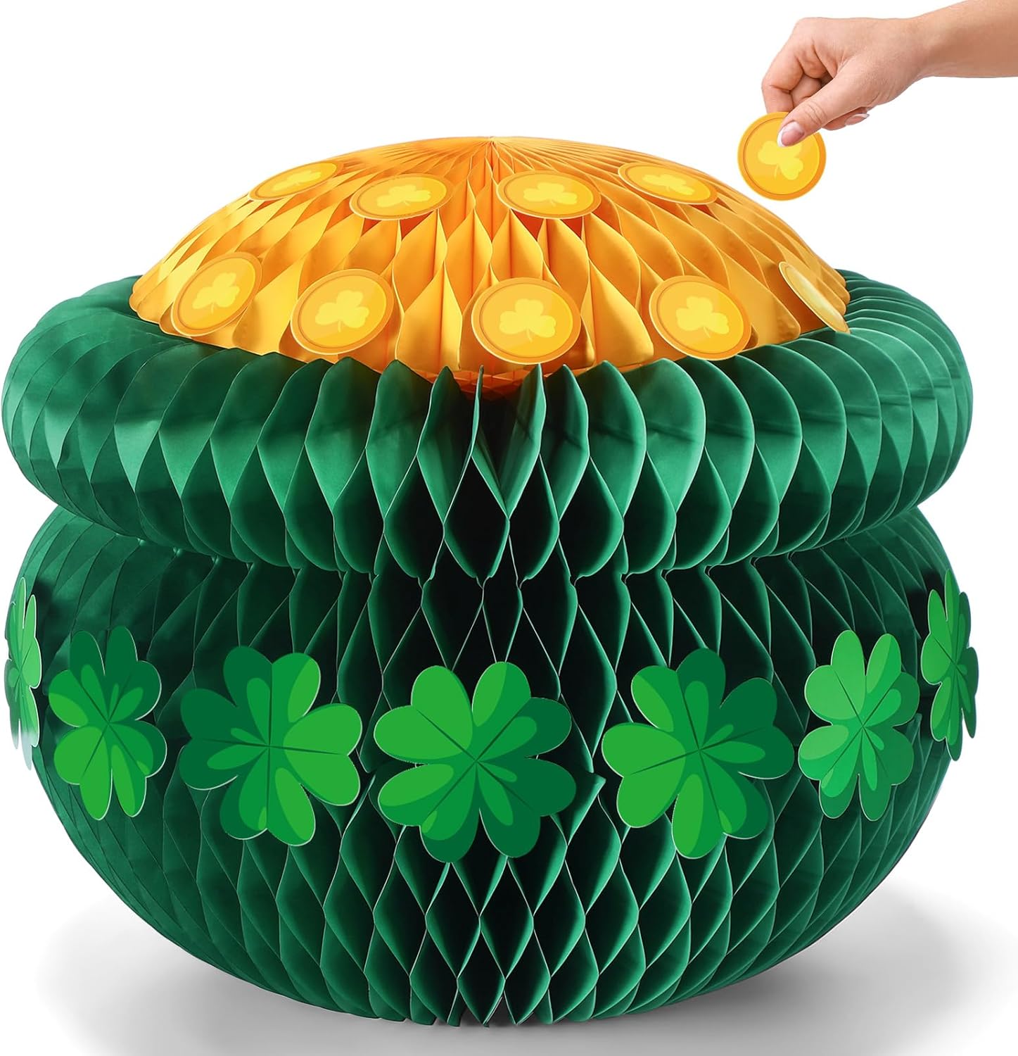 20'' Extra Large St. Patrick's Day Green Pot of Gold Honeycomb Centerpiece 3D Paper Leprechaun Cauldron with Gold Coins Shamrock Centerpiece Irish Golden Coin Pot Reusable Decor