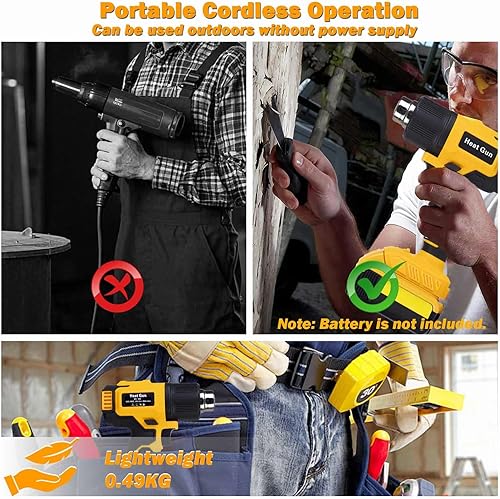 Miniatura 6 de Pistola de calor inalámbrica compatible con batería Dewalt de 20 V, luz LED, pistola de aire caliente de calentamiento rápido de 350 W, temperatura