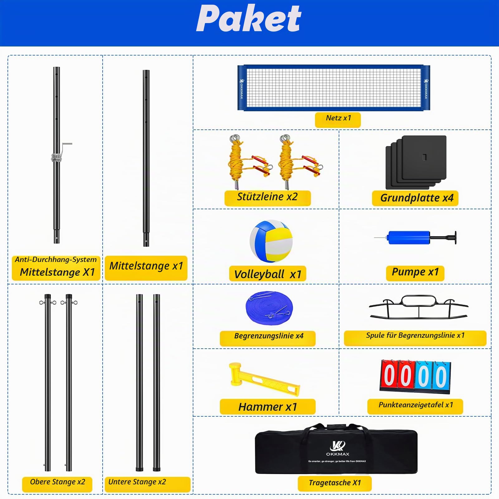 Professional Outdoor Volleyball Net Set with Adjustable Poles & Anti-Sag Design, Portable Volleyball Net Includes Beach Fixed Plate, Scoreboard, Boundary Line and Carry Bag for Backyard Beach Grass