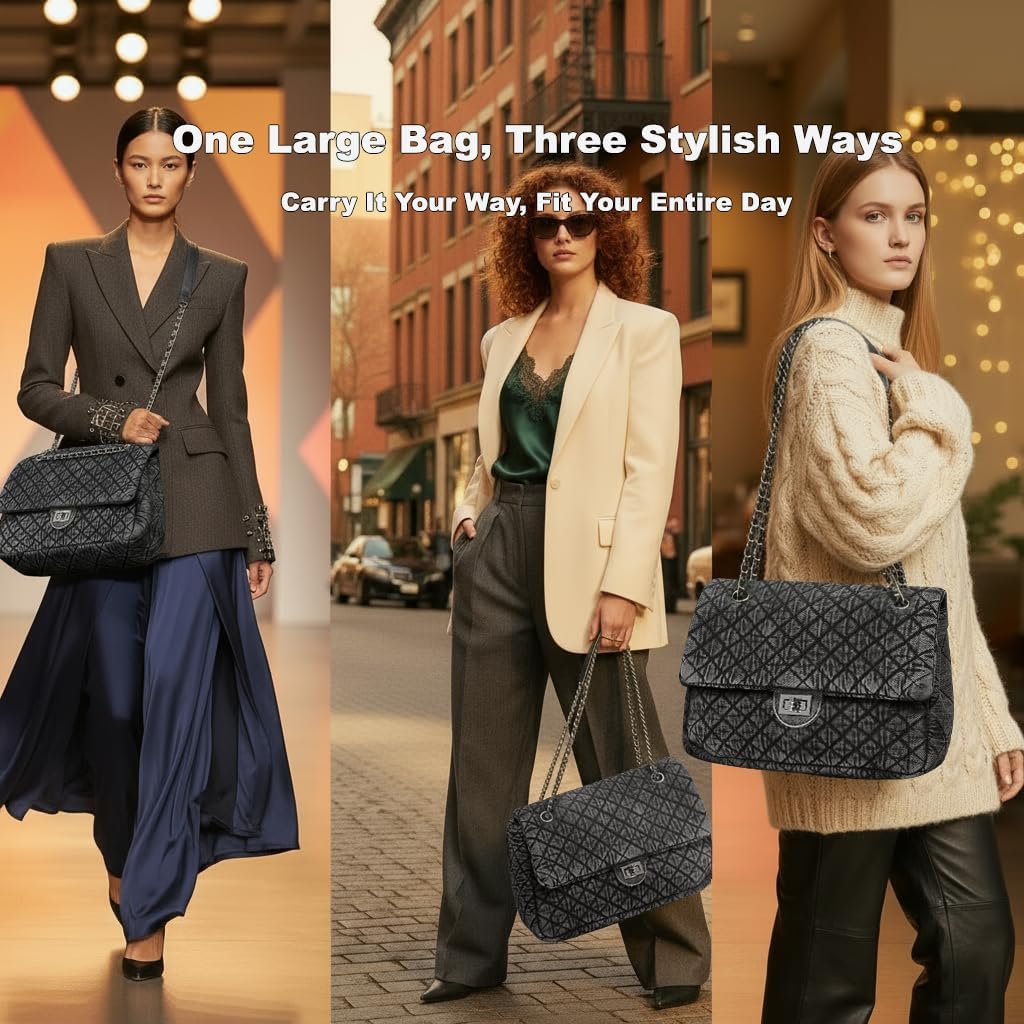 Quilted Denim Purse for Women, Large Capacity Vintage College Style Shoulder Bag Denim Tote Bag, Chain Crossbody Bag - Image 2