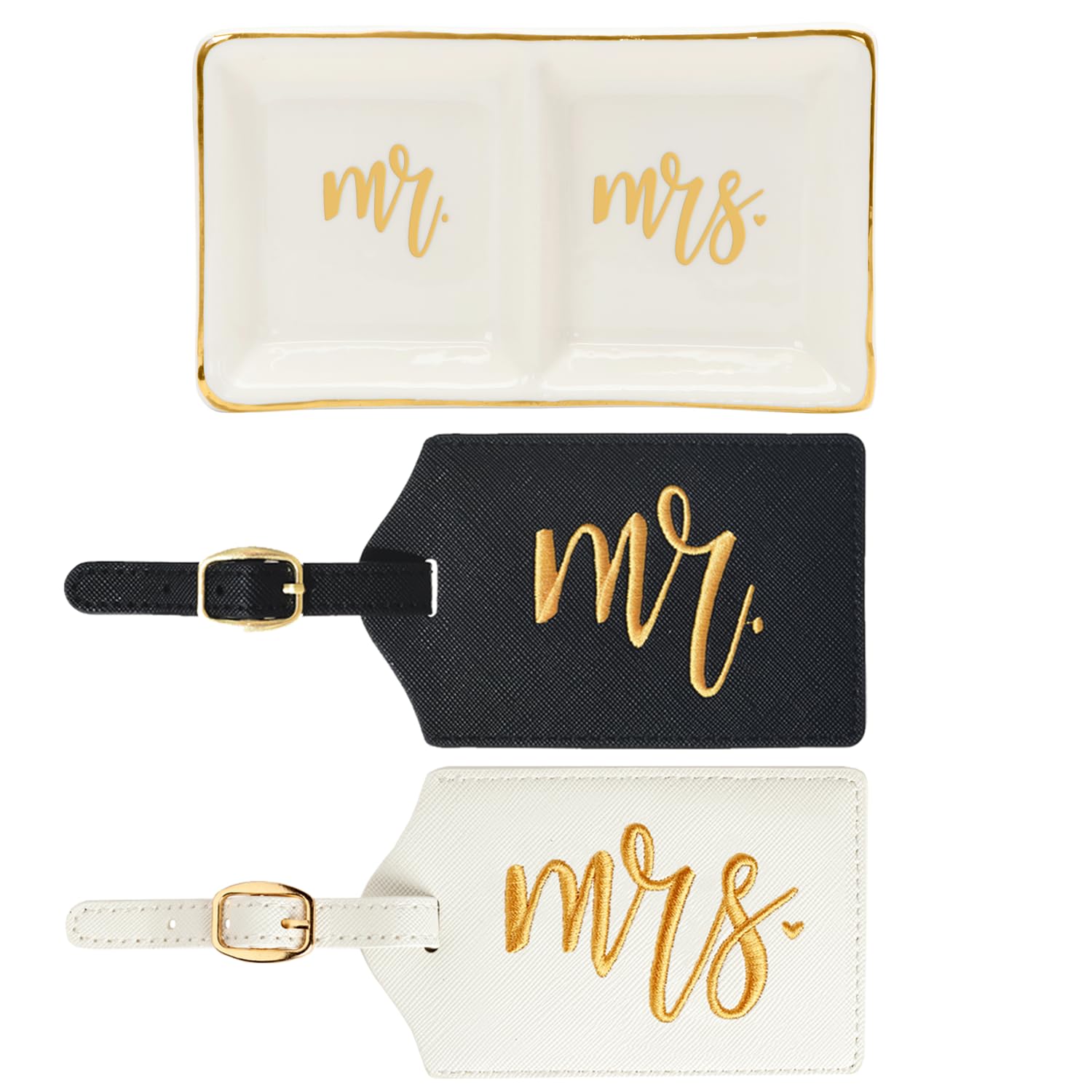 Mr. and Mrs. Luggage Tags and Ring Dish Set, Gold Embroidered Travel Tags, Gold Foil Ring Holder, Wedding Gift Set for Newlyweds, Honeymoon Travel