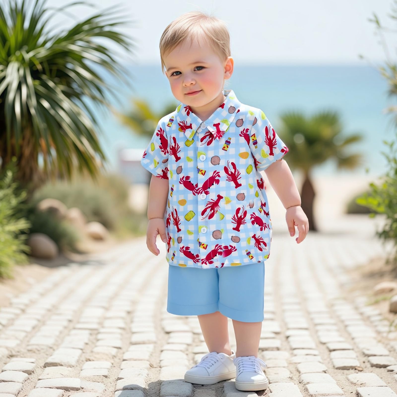 Toddler Baby Boys Summer Clothes Crawfish Lapel Button Down T-shirt Solid Shorts 2Pcs Lobster Gentleman Bow Tie Suit (Blue, 6-12 Months)