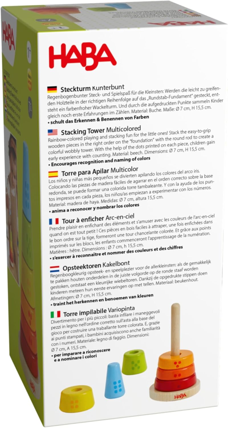 HABA Multi-coloured stacking tower - motor skills toy with colourful stacking rings - Wooden toy for babies - Made in Germany - from 12 months - 2010995001