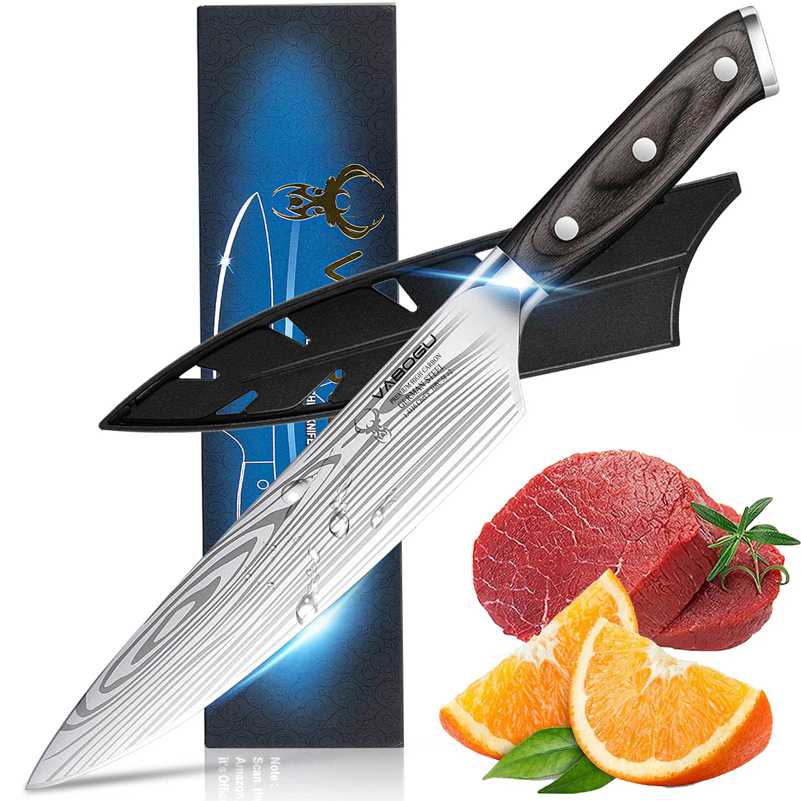 Vabogu Chef Knife 8" Super Sharp Professional Chef Knife, kitchen knife, Meat Knife, Fruit Knife, German High Carbon Stainless Steel EN1.4116 Professional Kitchen Cooking Knife (8 in)