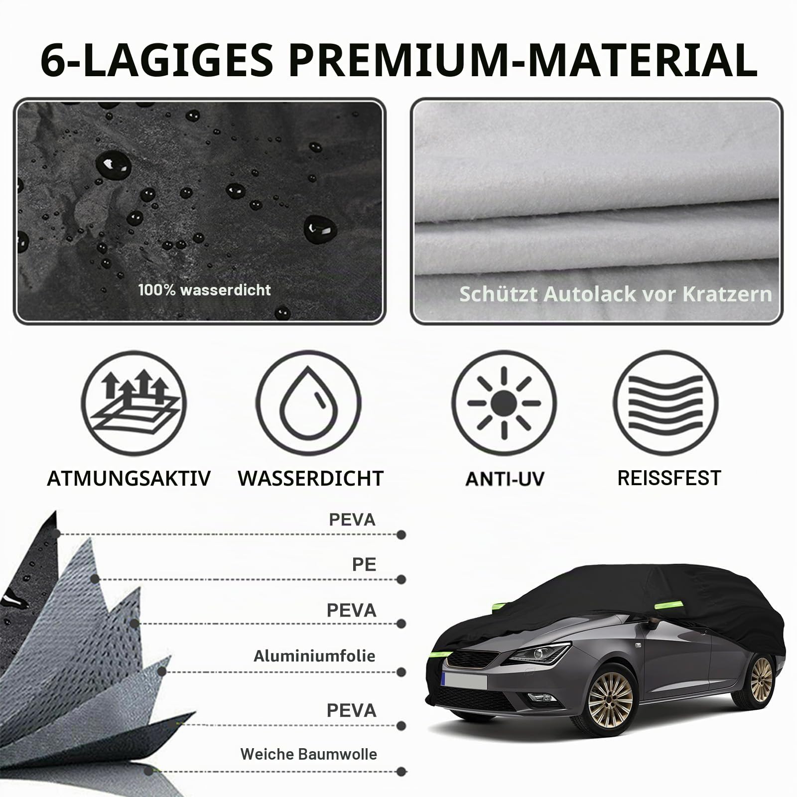 Vollgarage Autoabdeckung Ersatz für SEAT Ibiza 2008-2026, Schwarz | Autogarage Wasserdicht, Autoplane Ganzgarage Atmungsaktive Reflexionsstreifen, Sonne, Staub & Wetter
