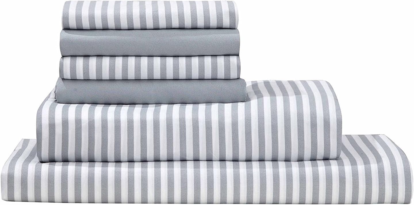 Virah BellaDebra Valencia Awning Striped Sheets by Duke-Full-Med Cool Gray-White-6 Pc Set