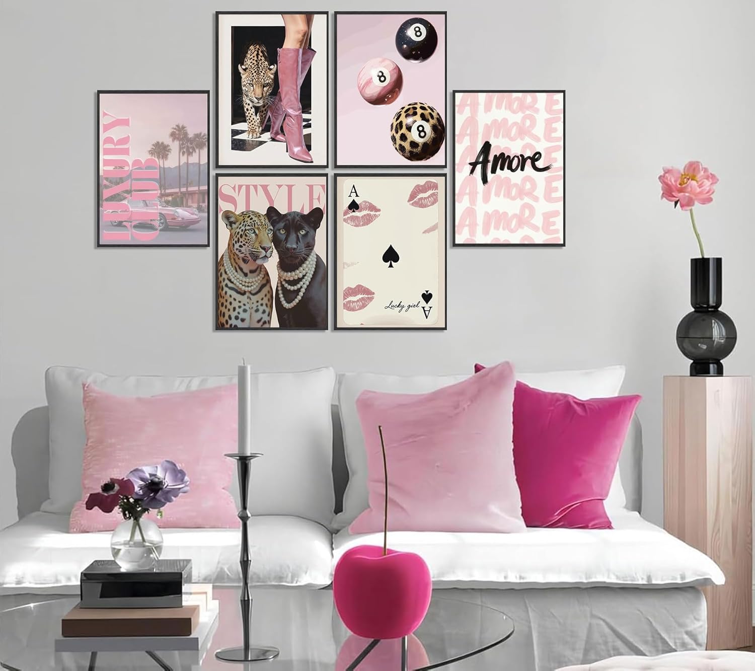 6pcs Trendy Cheetah Canvas wall art Stylish Pink Painting Picture Wall Decor Fashion College Style Room Cheetah Poster Print Artwork for Girls Bedroom Apartment Dorm Room Home Decoration Unframed