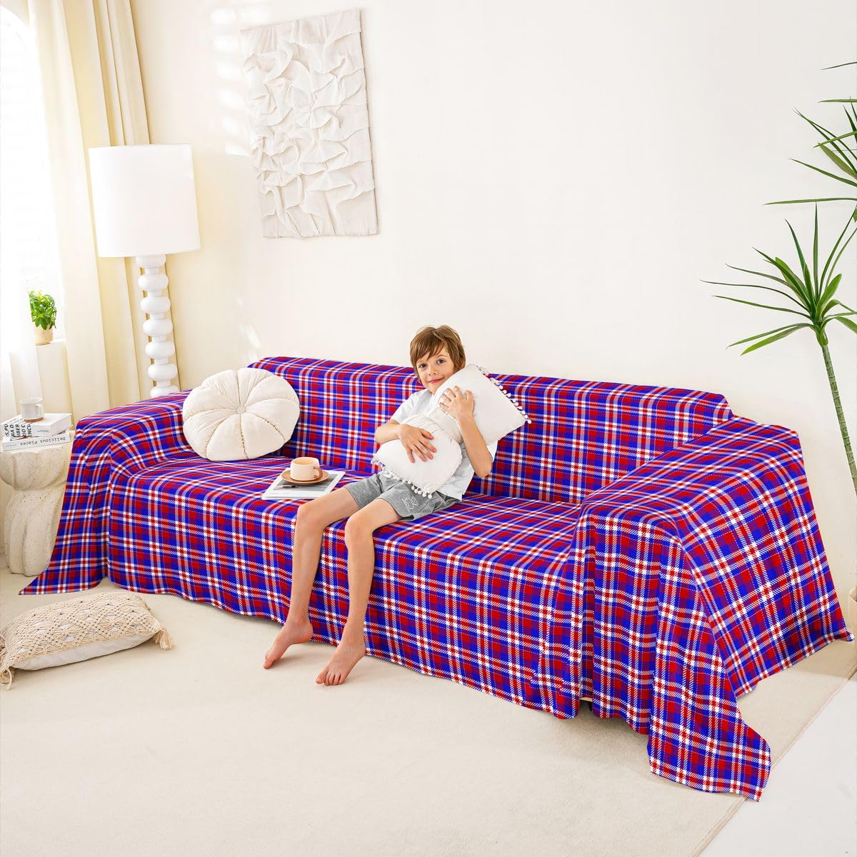 Homewish Housse de Canapé 231 x 340 cm Violettete Blanc Plaid
