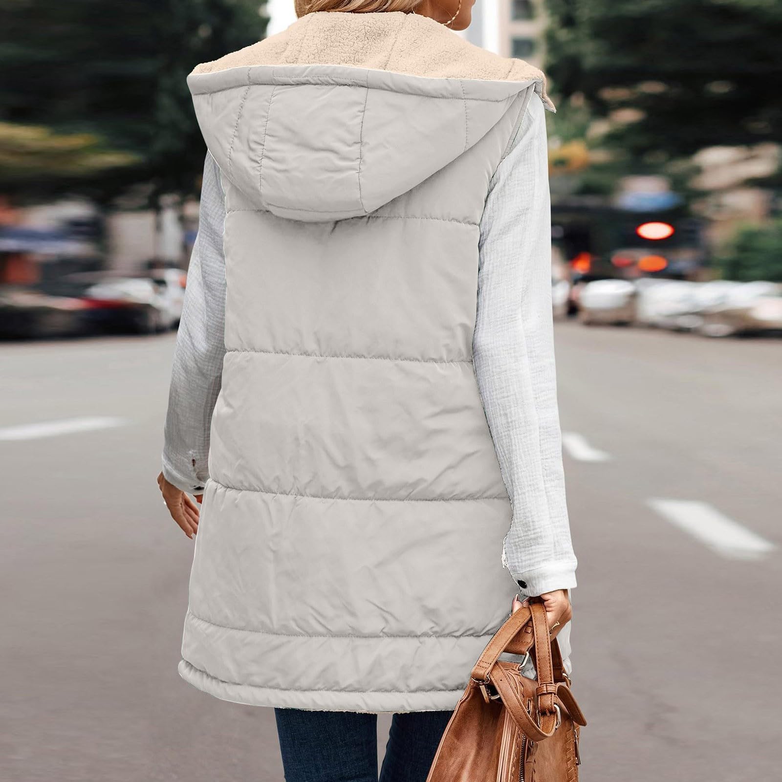 Chaleco de invierno para mujer, largo con capucha, chaleco de forro polar para mujer, sin mangas, con cremallera, chaleco con capucha, con bolsillos, chaleco acolchado de tallas grandes, chaqueta de