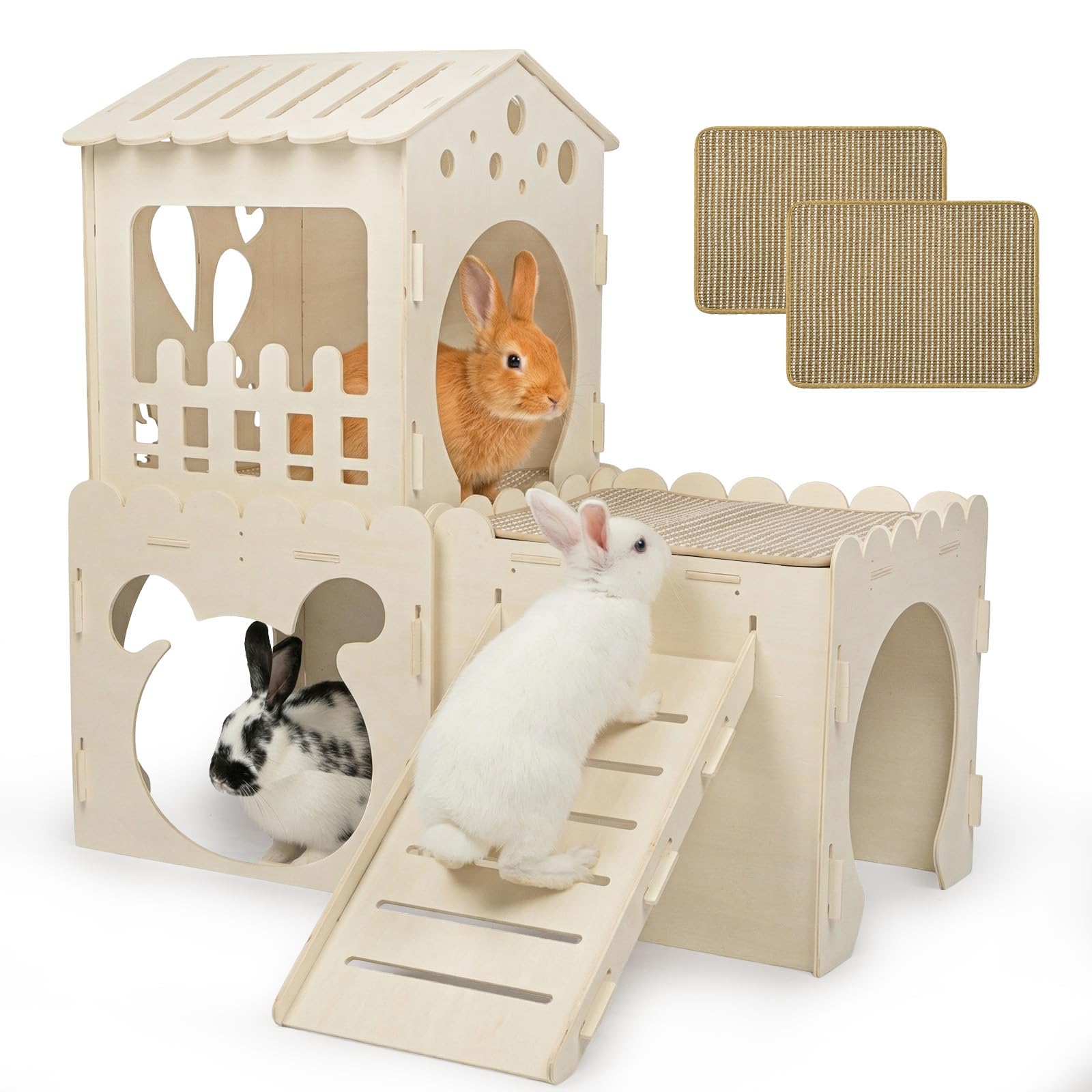 Extra Large Rabbit Castle, Wooden Bunny House & ,Detachable Rabbit Hideaway, Indoor Hamster Castle with Ramp, Small Animal Houses & Habitats for Guinea Pig Chinchilla Ferret(3 House with Sisal Mat)