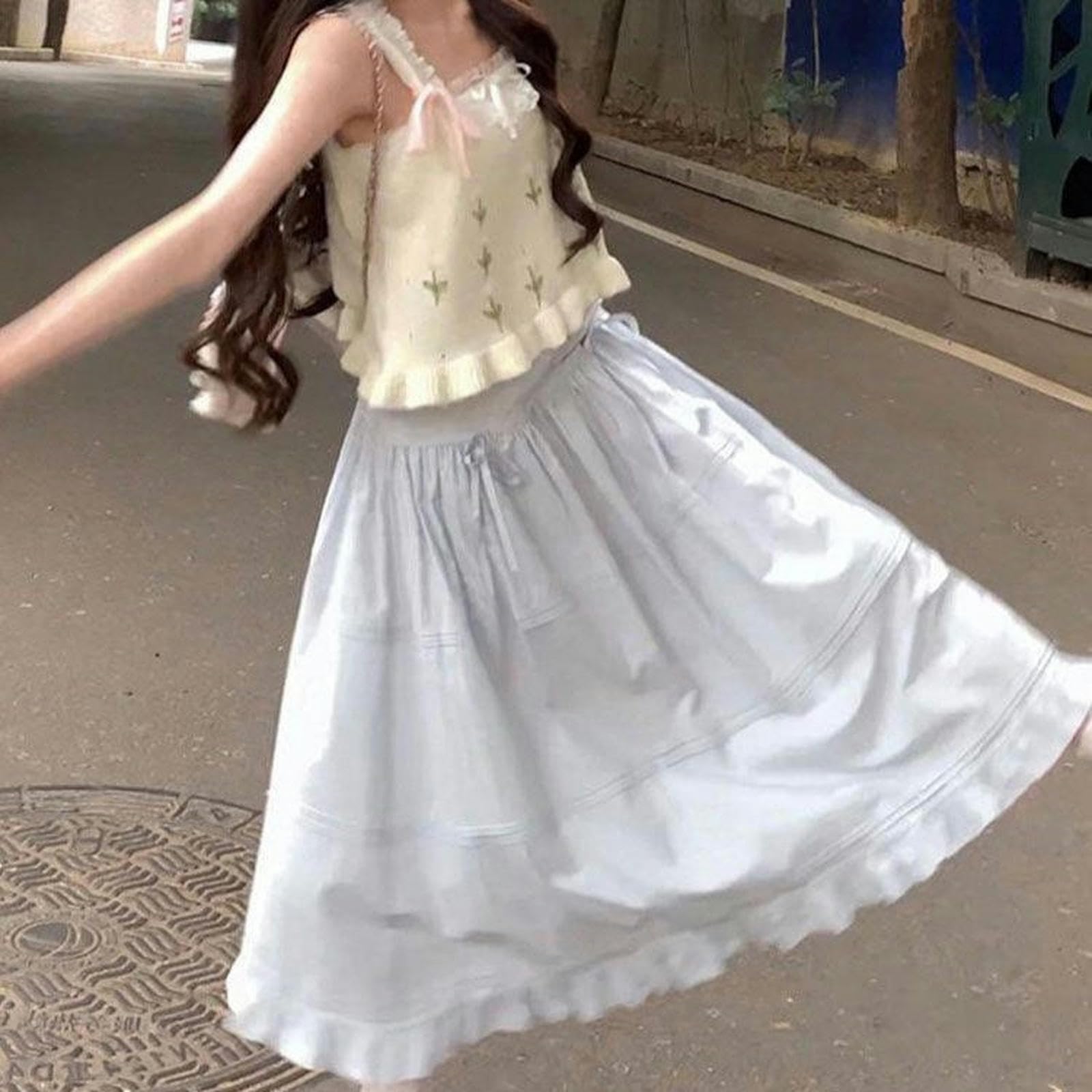Chaleco de Punto en Capas de diseño Dulce + Falda Azul Traje de Dos Piezas Que Cubre la Carne de Verano para niñas - Falda Azul - S