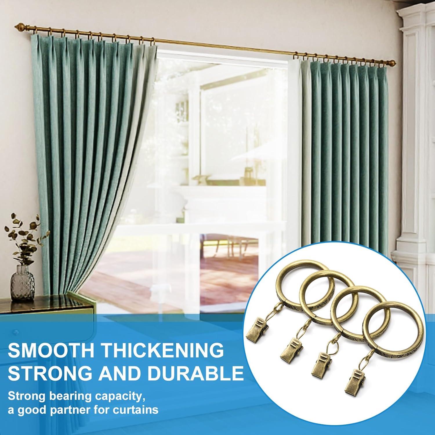 Thick Metal Clip Curtain Rings with Ancient Script Engraving,1.5" Inner Diameter, for Rods up to 1.25 Inches, Decorative Drapery Hardware (Antique Brass-42pcs)