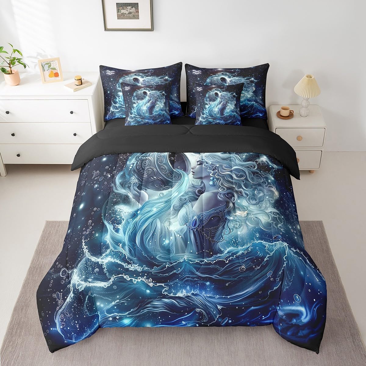 Aquarius Comforter Set 7 Pieces,Trippy Astrology Bed Set,Twelve Constellations Zodiac Bedding Set for Kids,Queen(1 Comforter,2 Pillowcase,2 Pillow Covers,1 Flat Sheet,1 Fitted Sheet)