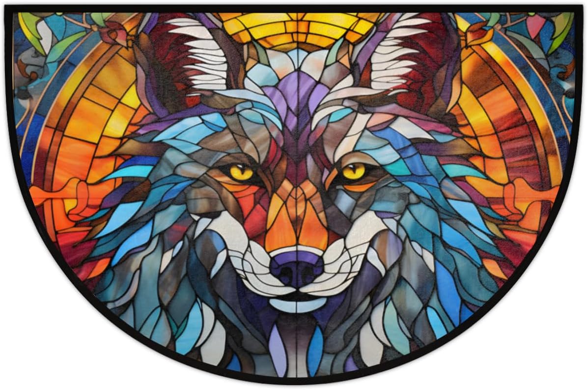 Half Round Door Mat Animal wolf Azulejo Intdoor Entrance 36x24 Inch, Non-Slip Welcome Mat for Outdoor Semi Circle Bathroom Floor Rugs,House Entry Way Heavy Duty Doormat for Kitchen Living Room