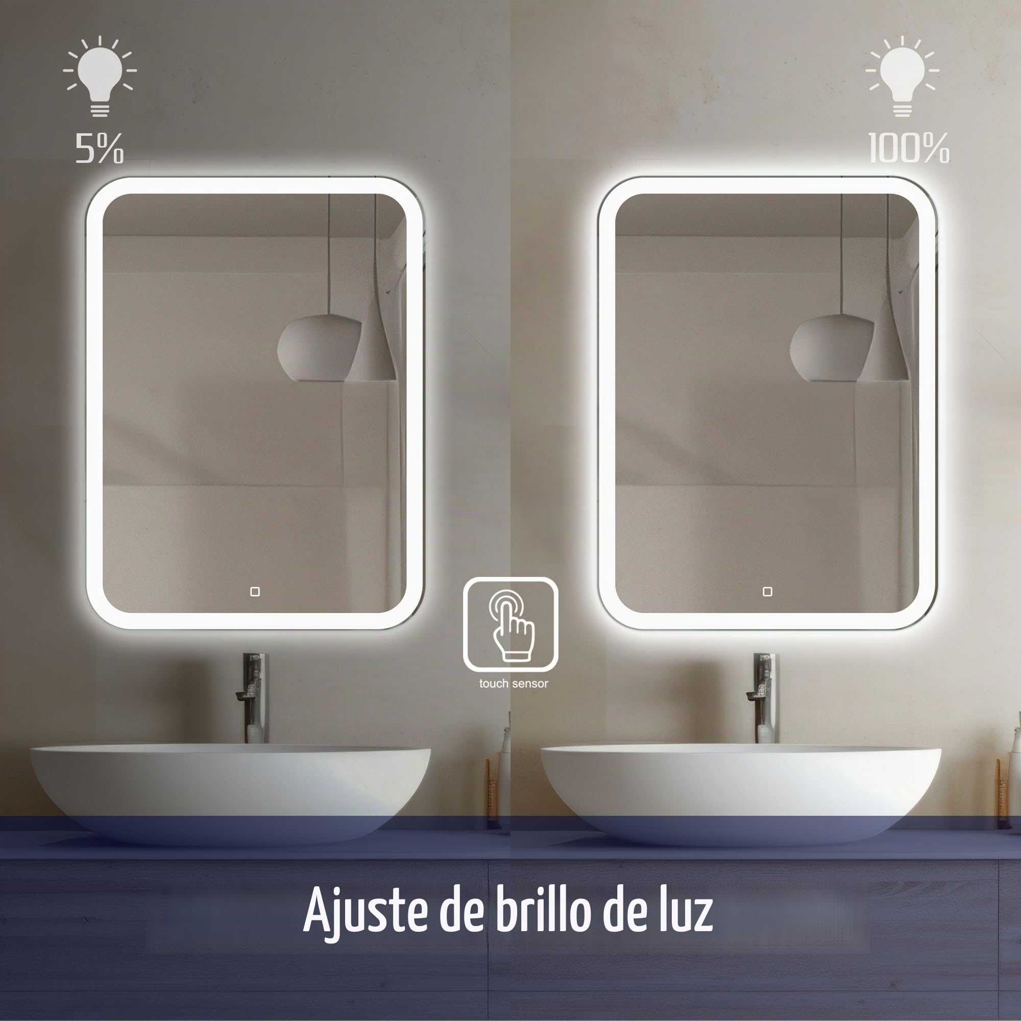 Espejo Baño LED 50 × 70 cm, Iluminación Frontal | Espejo Baño LED, Espejo Baño con Luz, Interruptor Táctil, Regulable, Luz Blanca Neutra