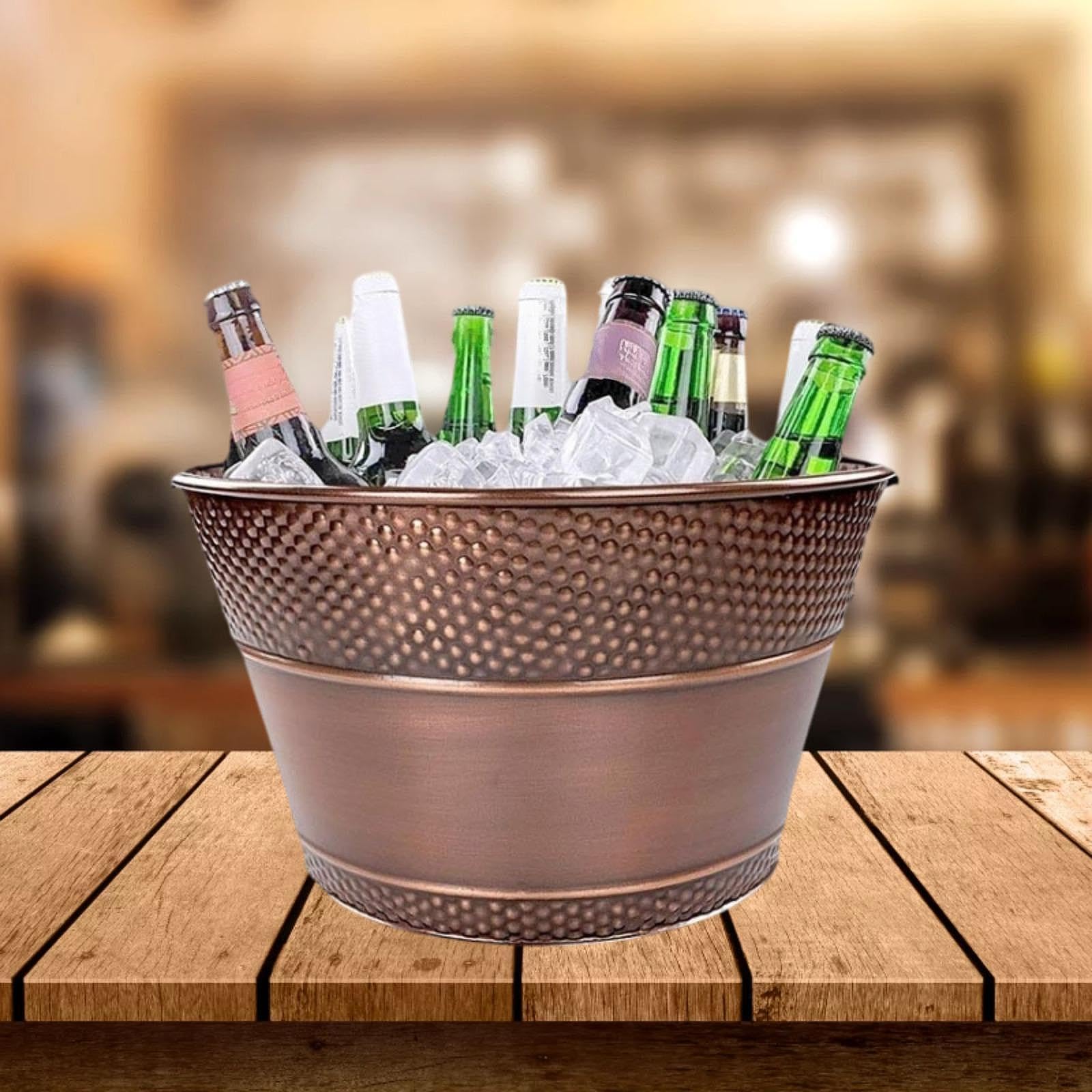 Seau à Glace En Métal Galvanisé Contenant Bac à Boissons Rafraîchisseur Bière Vin Poignée Portable Rangement Facile et Adapté Aux Fêtes Restauran, Bronze