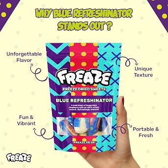 Freaze Blue Refreshinator Freeze Dried Retro Candy, Crunchy Fruit Candy, Tangy Fruity Snacks, Vegan and Halal Treats, Gluten Free Fruity Sweets, Rainbow Crunch Snack (Pack 4, Small Pouch (50gram))