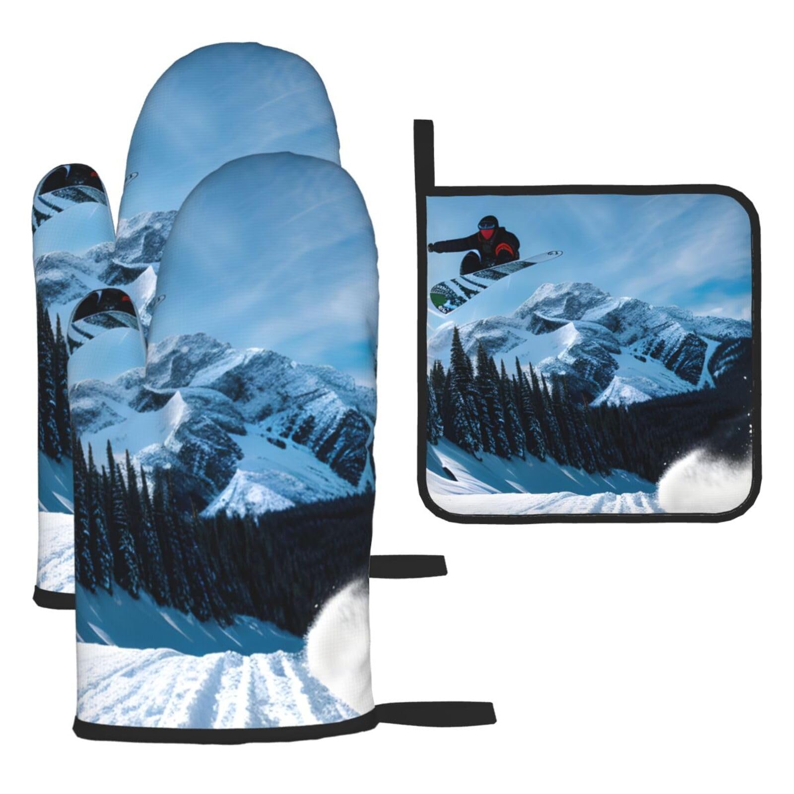 Snowboarding Print Oven Mitts Kitchen Gloves Set Everyday Baking Grilling Microwaving Cooking Gift