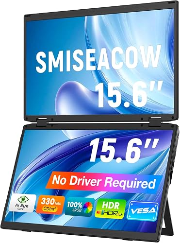 SMISEACOW Triple Portable Monitor for Laptop 15.6" IPS 1080P MacBook Surface PC Xbox PS5,Travel Monitor Second Screen for Laptop, HDMI USB-C VESA Compatible Built-in Speaker