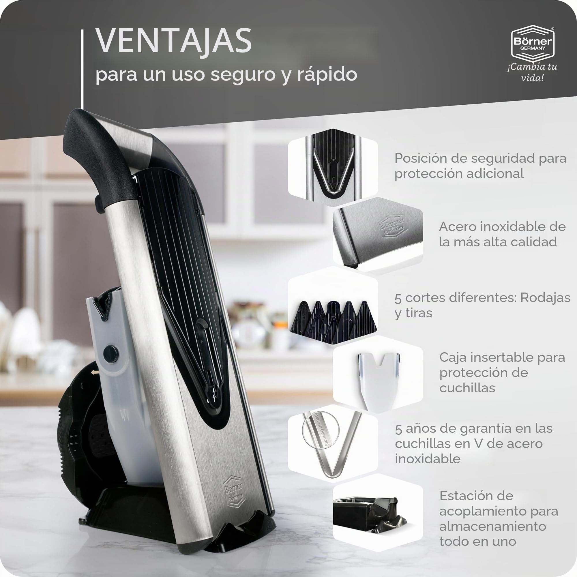 Börner Cortador de Verduras V6 (Set Profesional) • Mandolina Ajustable de Acero Inoxidable con Cuchilla en forma V • Para cortar Rodajas, Tiras Juliana, Cubos en Varios Tamaños • Set Completo