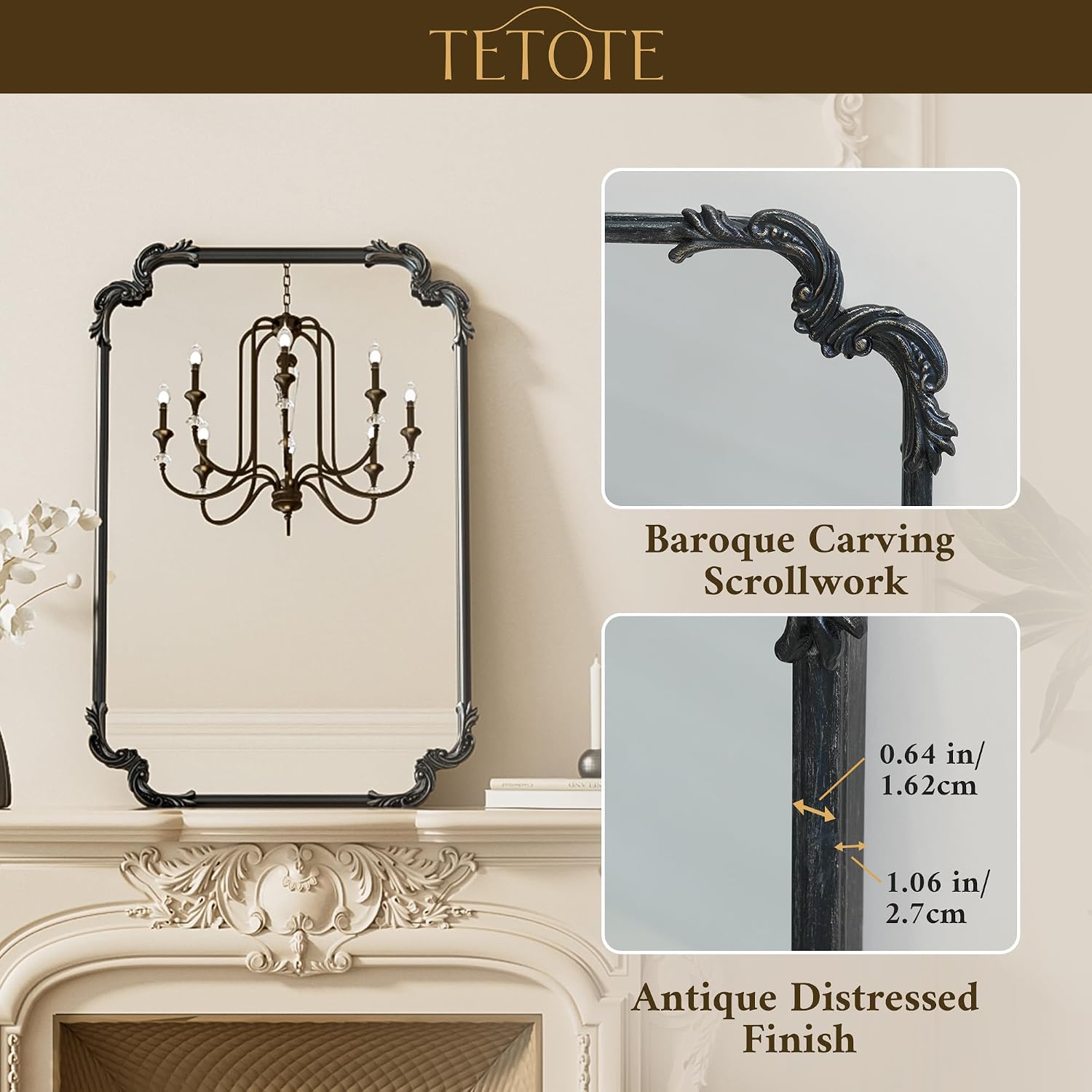 TETOTE Vintage Baroque Black Rectangle Mirror for Wall 22 x 30 Antique Scroll Frame French Mantle Mirror for Fireplace Bathroom Living Room Bedroom Decor, Horizontal/Vertical