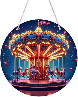 Acrylic Stained Panel Hanging-Sparkling Carousel Horses at Night Round Stained Acrylic Hanging Ornament,Wall Art Panel for Indoor/Outdoor Decor, Garden Decoration Or Housewarming Gift