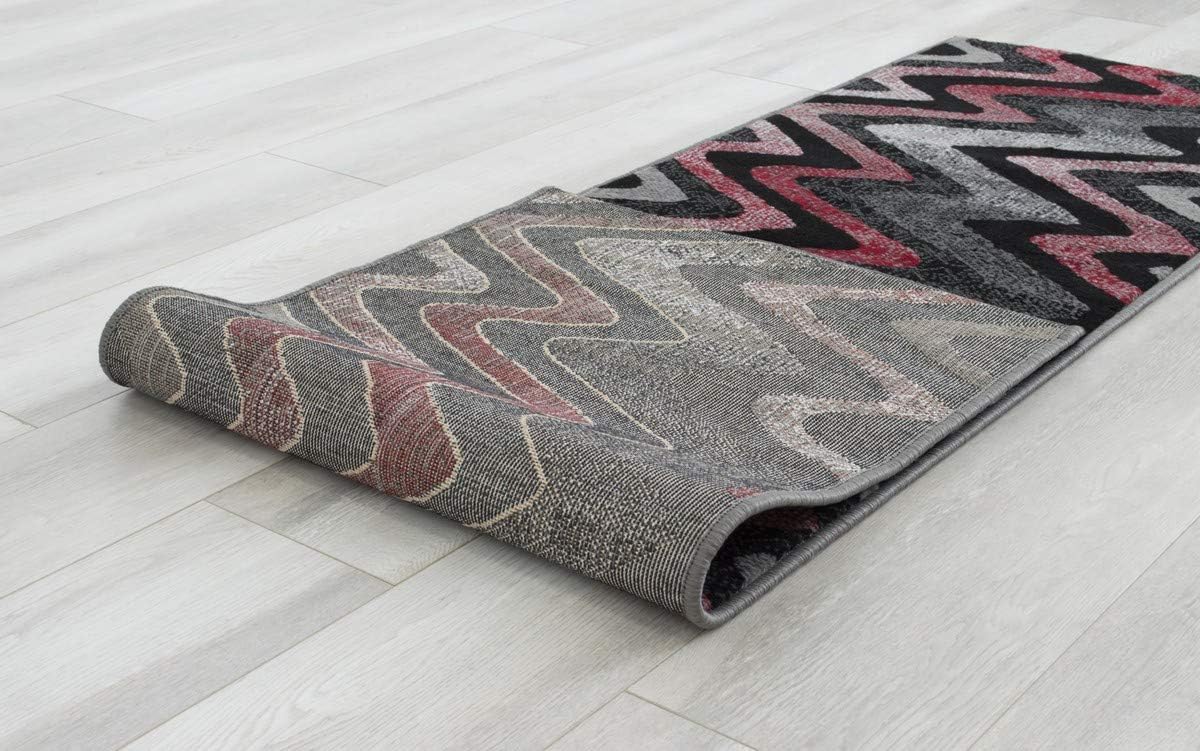 HR Lava/Grey/Silver/Black Abstract Runner Rug - Elevate Your Space with Modern Contemporary Zigzag/Wave Design, Stylish, and Durable Home Décor