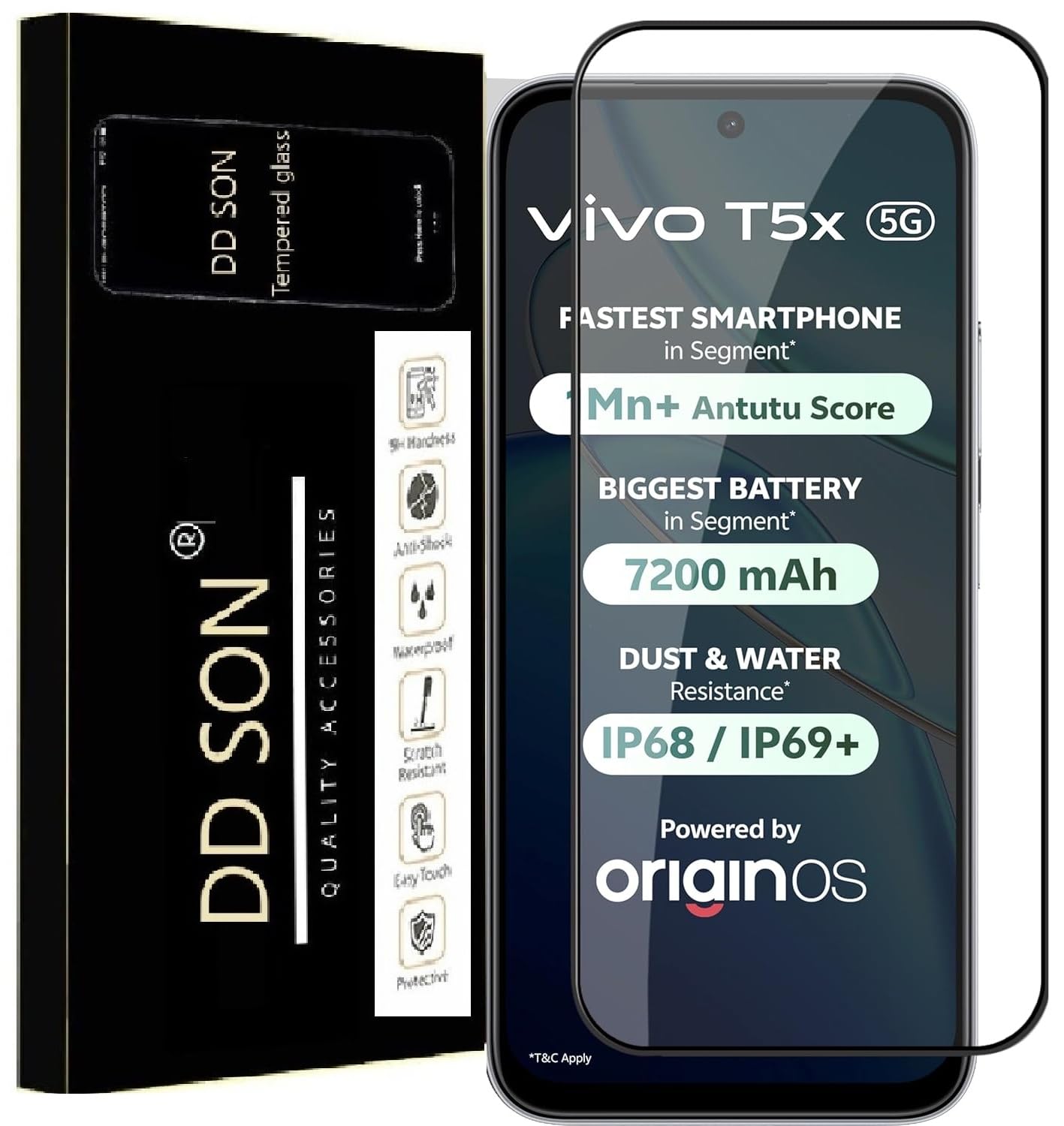 DD SON Premium Tempered Glass Screen Protector Guard Compatible For Vivo T5X 5G (Ultrasonic Fingerprint Working) (6.72 Inch, Pack of 1) | Edge to Edge Coverage