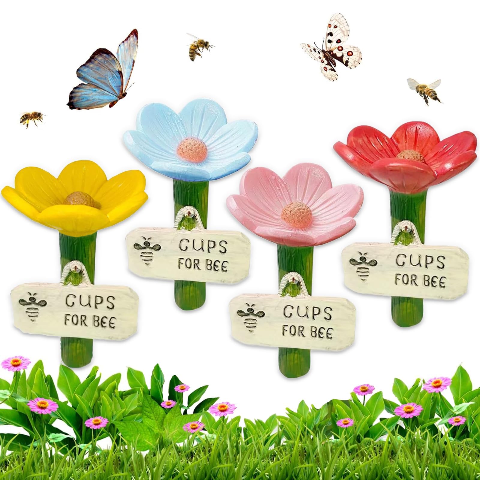 Flower Bee Waterer Bee Watering Stations with Stake Base Hygienic Thirsty Pollinators Feeder Colorful Flower Shaped Garden Pollinators Drinking Cups for Lawn Driveway Farm Patio (4PCS) - 2