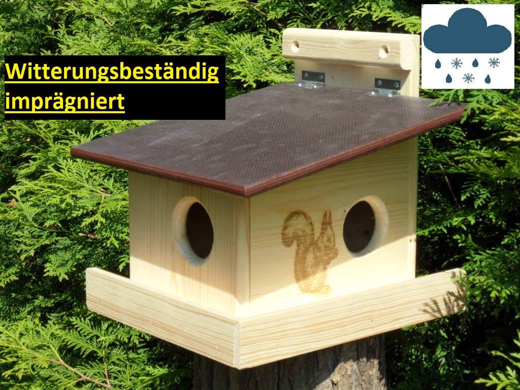 Hochwertig imprägnierter, Witterungsbeständiger XXXL Eichhörnchen Kobel/Futterhaus aus hochwertigem Vollholz, deutsches Qualitätsprodukt von Hand gefertigt im Bayerischen Wald (imprägniert)