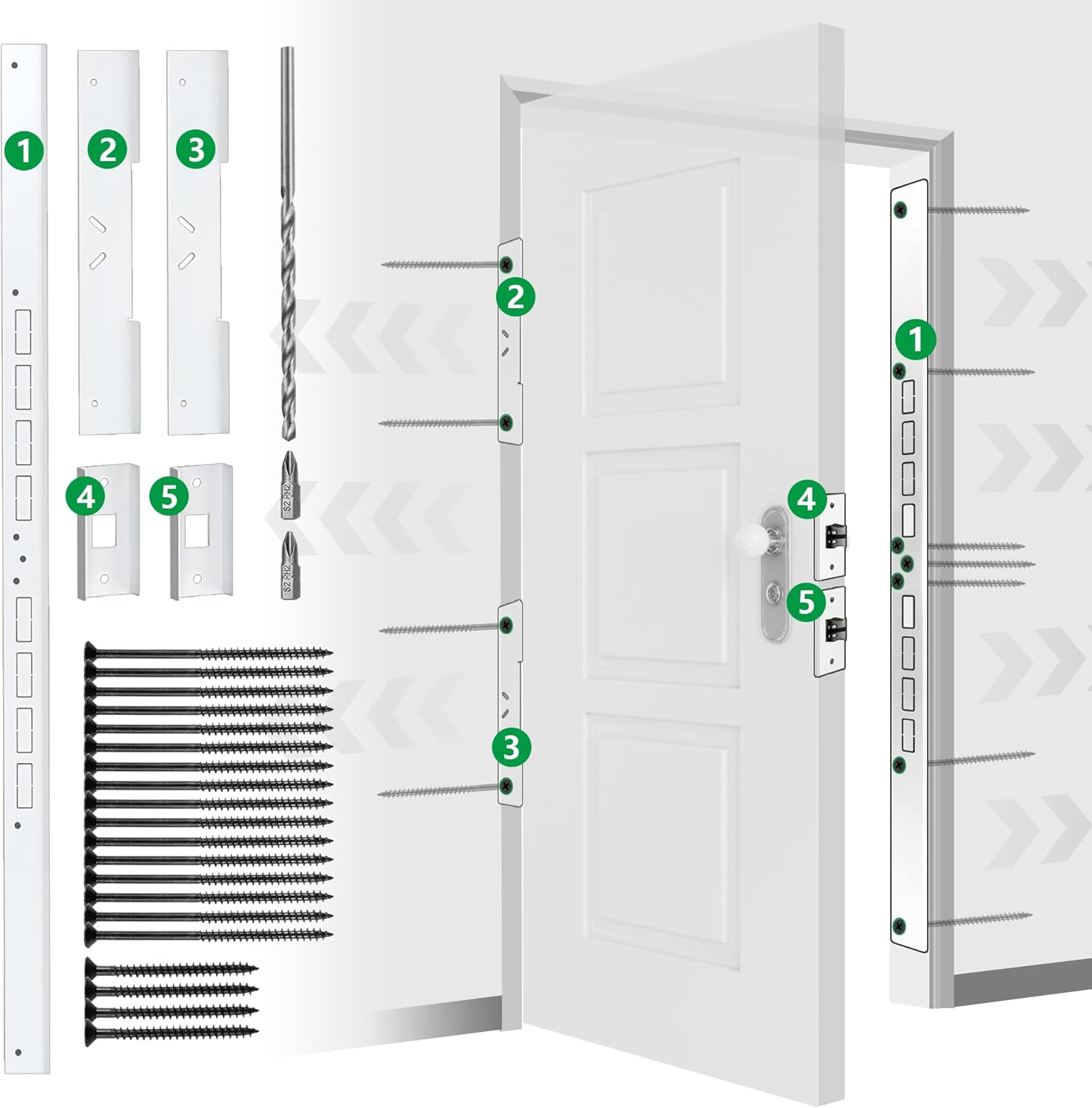 (Incomplete)46\" Heavy Duty Door Reinforcement Set for Jamb, Frame & Hinges, Included 9/64\" Long Drill Bit & Door Seal, Easy to Install, Ideal for DIY Home Door Security, White