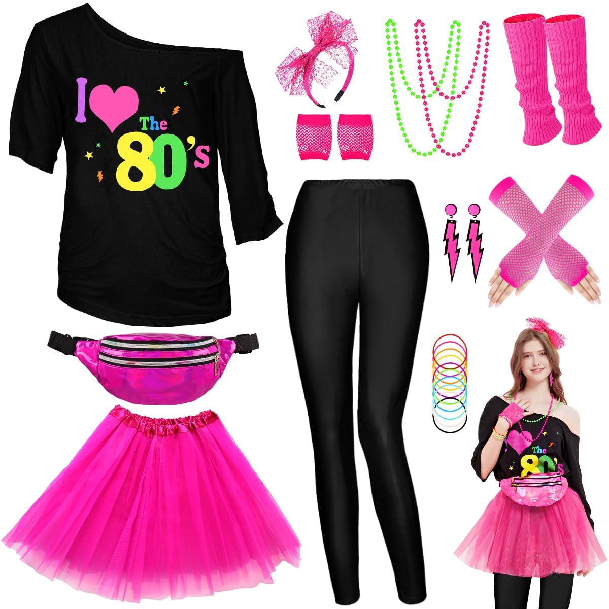 WILDPARTY 80s Fancy Dress For Women, I Love 80s T-shirt, Tutu Skirt, Leggings, Leg Warmers, Necklace, Fishnet Gloves, Neon Costumes Accessories for Retro Theme Party Cosplay