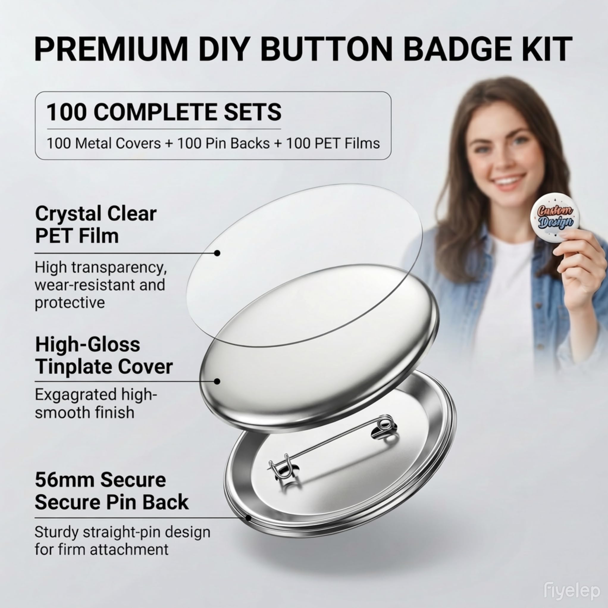 Buttons selber machen, 100 Stück Blank Button Rohlinge 58mm, Runde Metall Abzeichen Teile, Badge Making Supplies passend für Maker Maschine