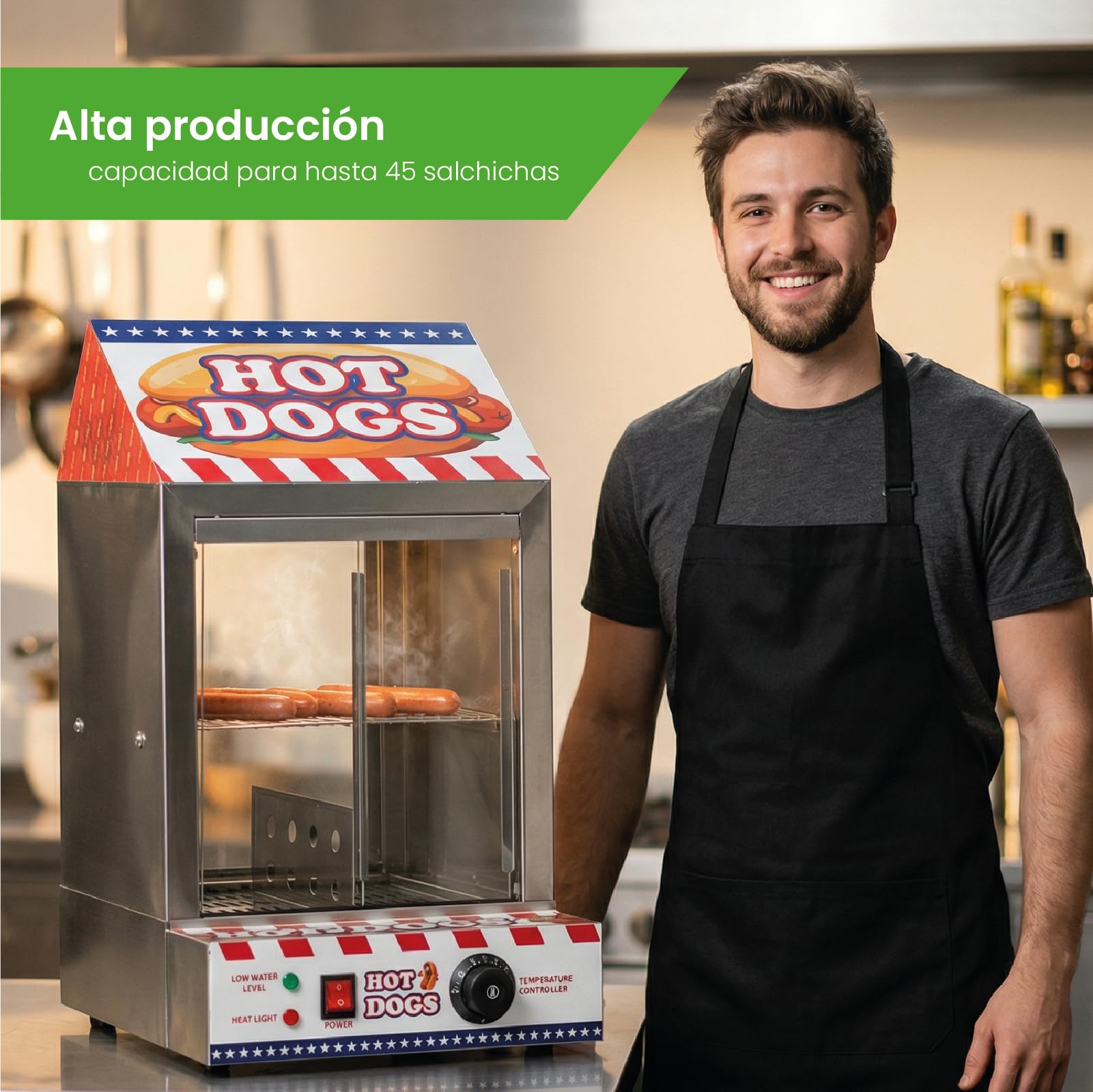 Máquina de Hot Dogs Acero Inoxidable 200 Salchichas 50 Panecillos Bandejas Extraíbles Válvula Drenaje