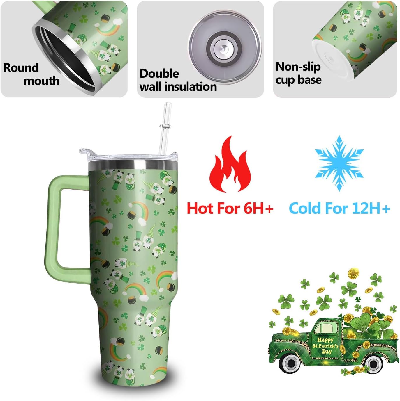 40oz St Patricks Day Tumbler with Handle and Straw, Green Irish Shamrocks Gnome Stainless Steel Vacuum Insulated Cup, Travel Mug Water Bottle, Gifts for Women Men - Image 3