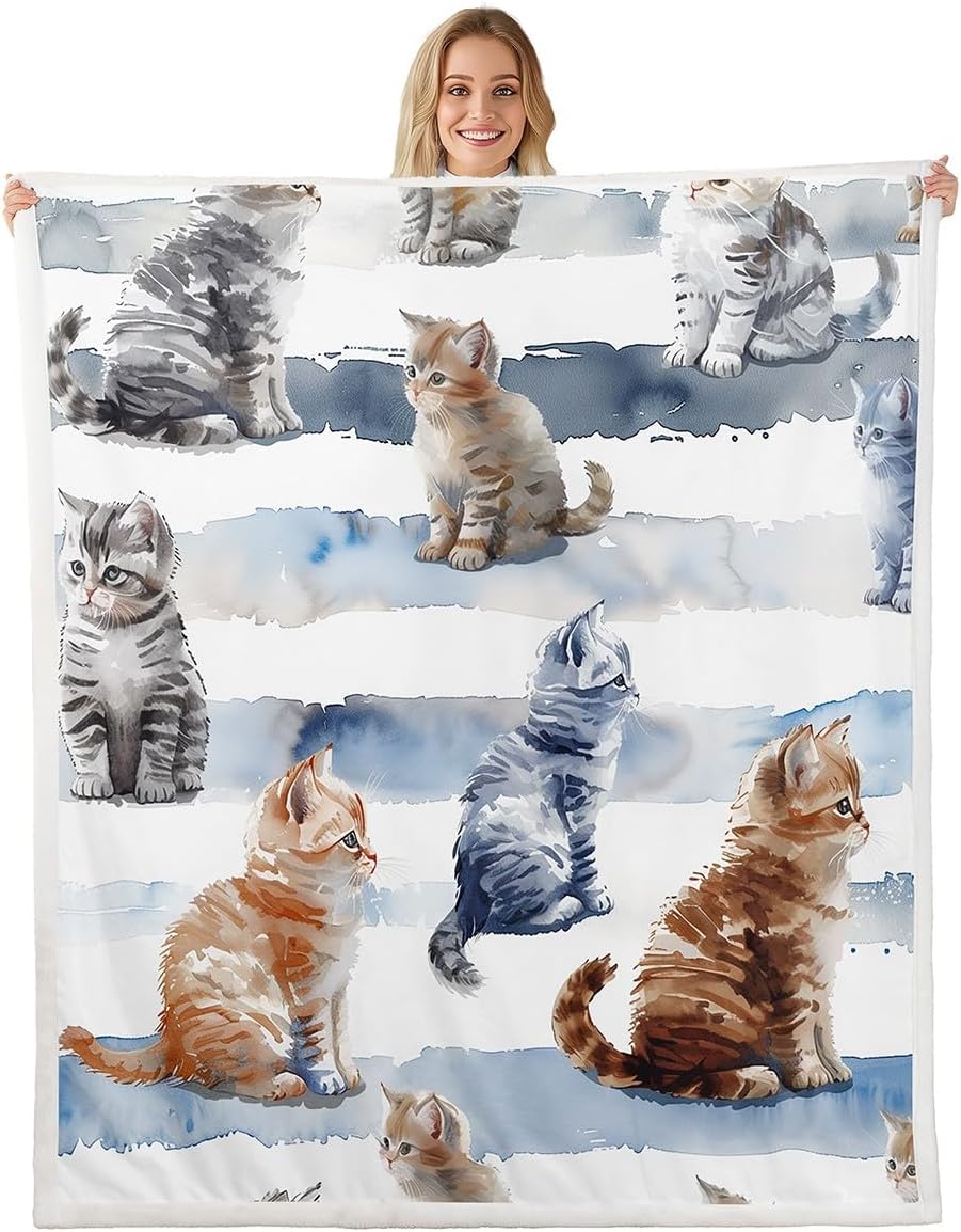 Feelyou Cat Fleece Throw Blanket Throw 50"x60" Kids Cats Print Stripes Plush Sherpa Blanket Fuzzy for Boys Girls Teens Cute Kitten Print for Bed Couch Chair Cat Lover's Gift Blue Geometric