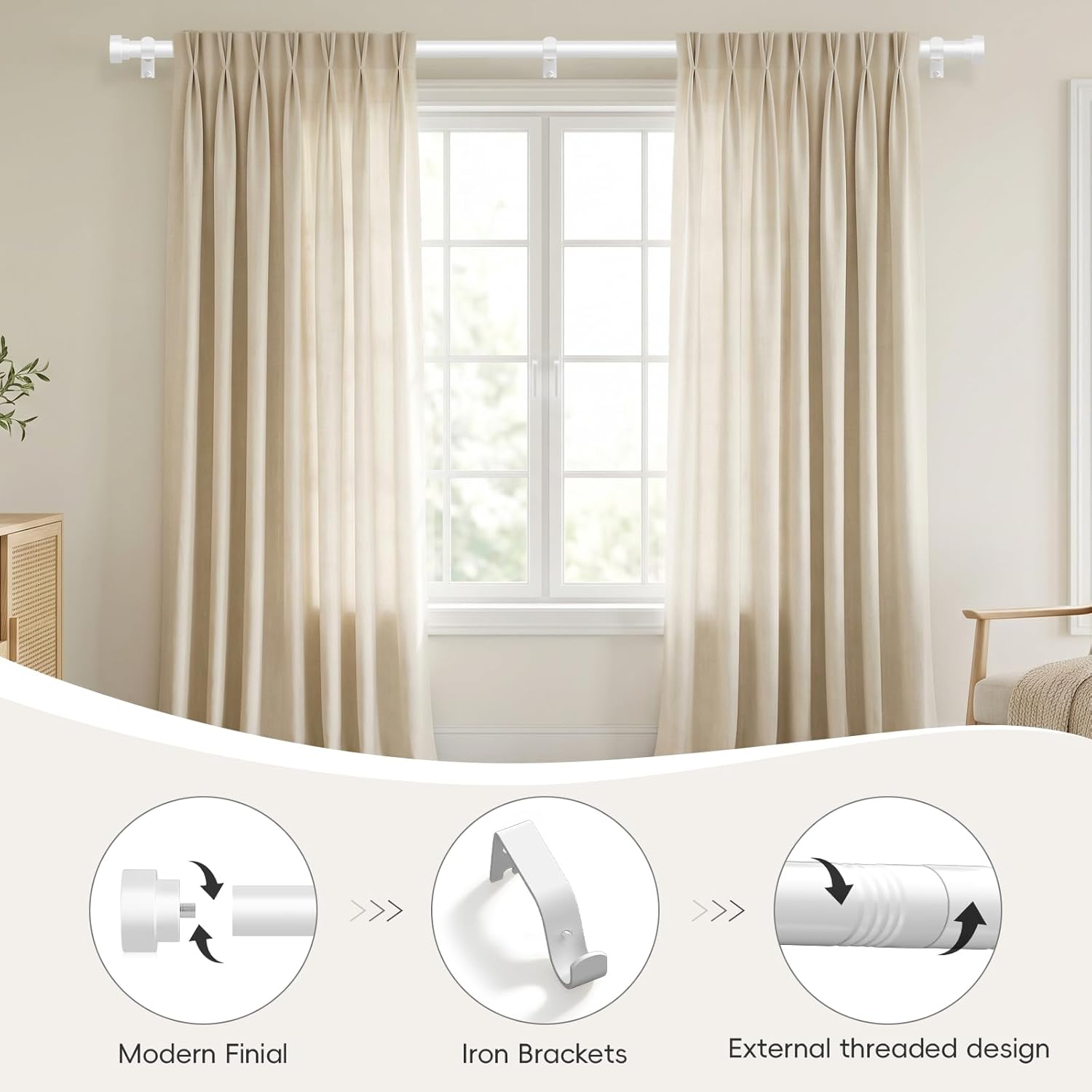HEI! DEAR White Curtain Rods for Windows 72 to 144 Inch(6-12ft),1 Inch Heavy Duty Curtain Rods,Adjustable Long Curtain Rod,Modern Single Drapery Rods,Telescoping Window Curtains Rod 30-144",Pure White