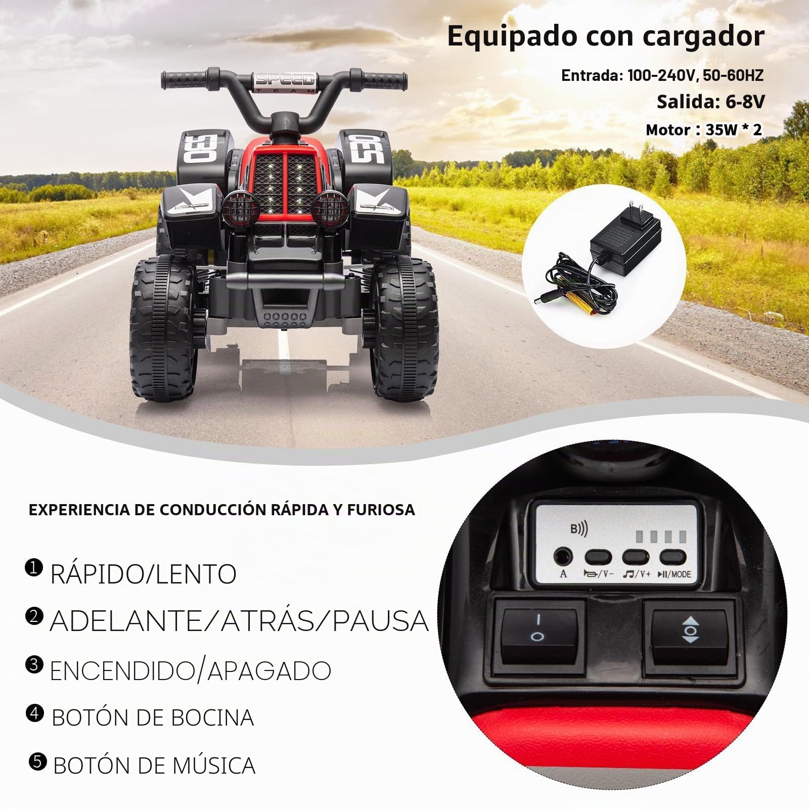 Garvee Quad Eléctrico Niño 6V, Coche Eléctrico para Niños con LED Y Música, 1,8 km/h con Botón, Arranque de Larga Autonomía, ATV para Niños 3+ Años