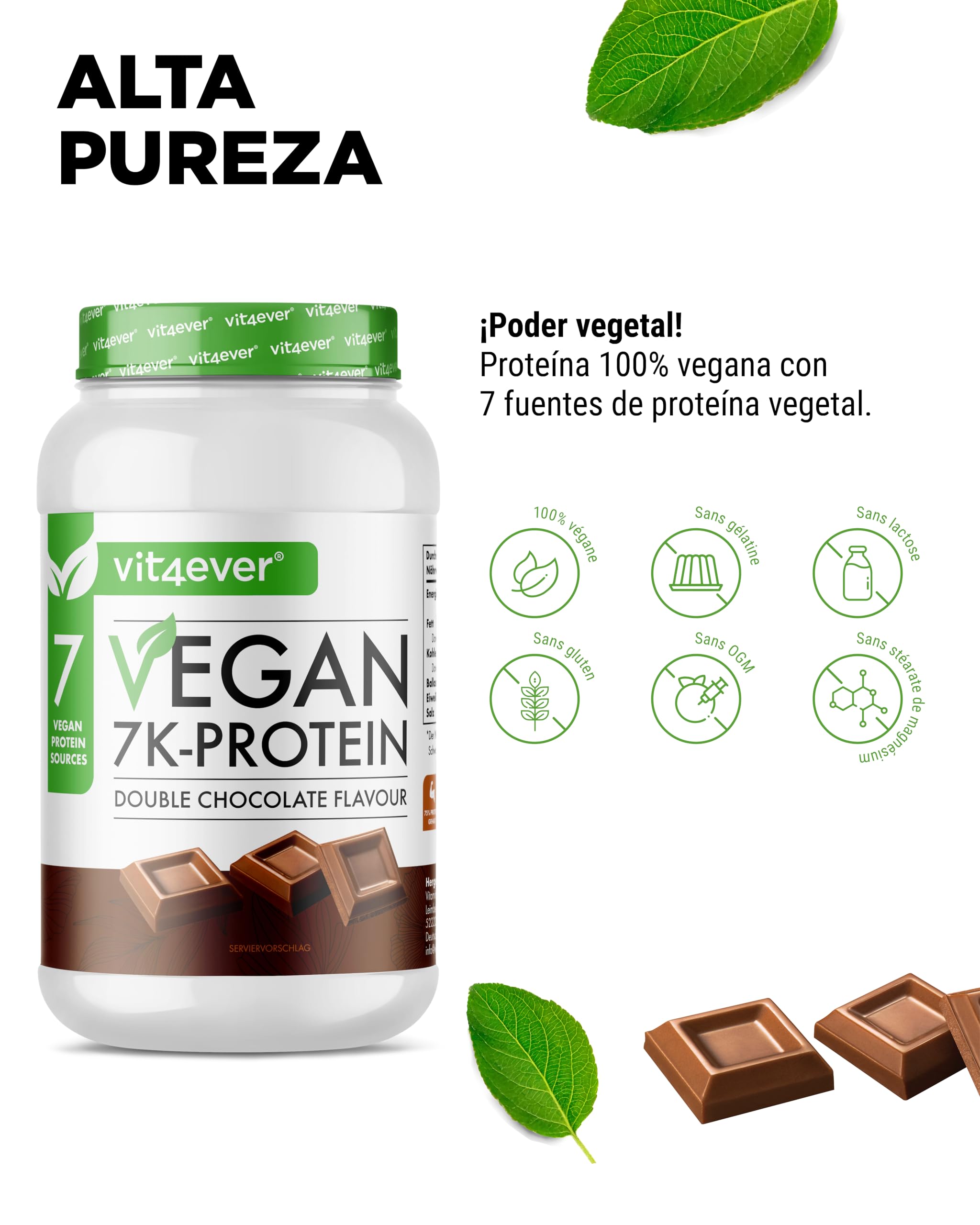 Vegan 7K Protein 1kg Doble Chocolate Proteína vegetal pura en polvo