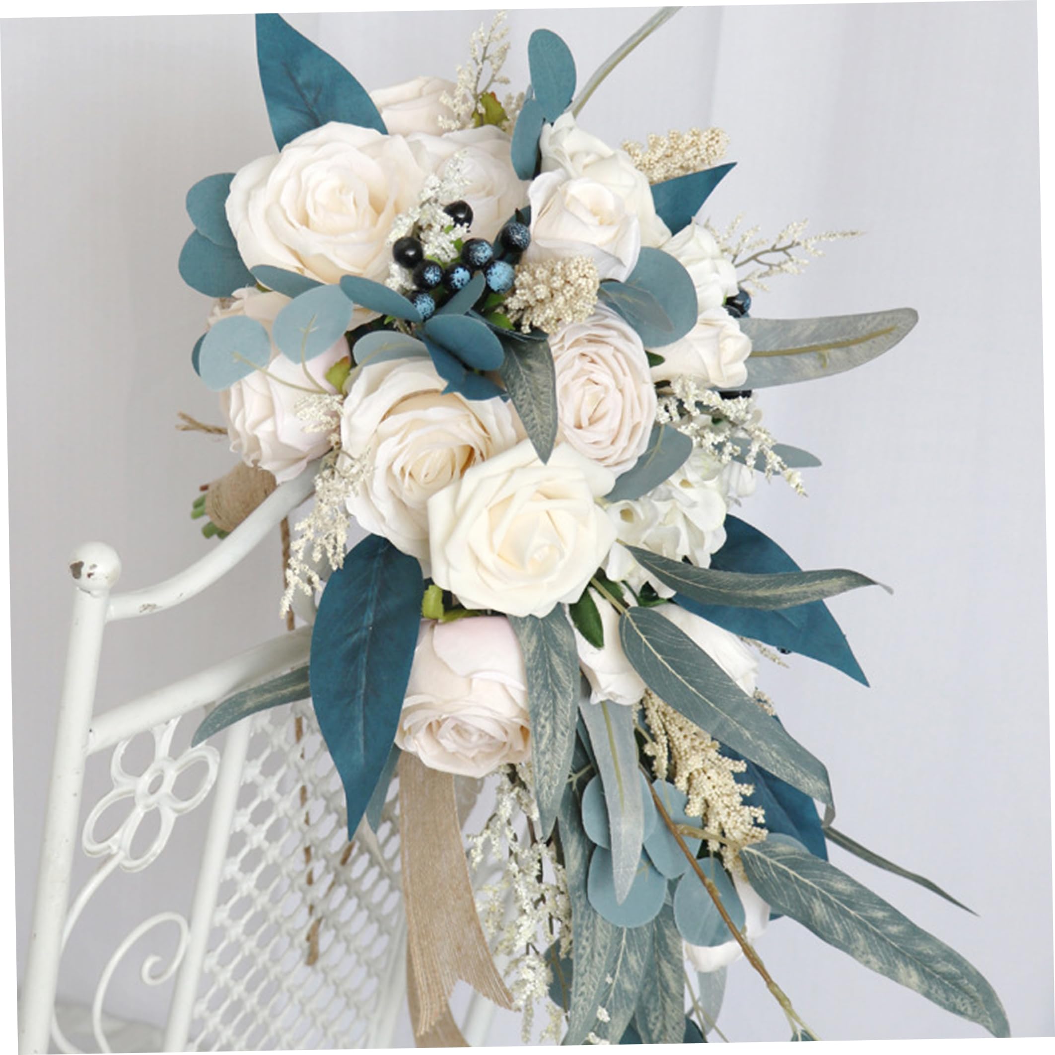 Fiori artificiali, bouquet da sposa per la sposa, bouquet da asimmetrico a cascata con gocce di rosa bianca, bacche e foglie per accessori fotografici e feste di sarchiatura, 10 x 20 pollici