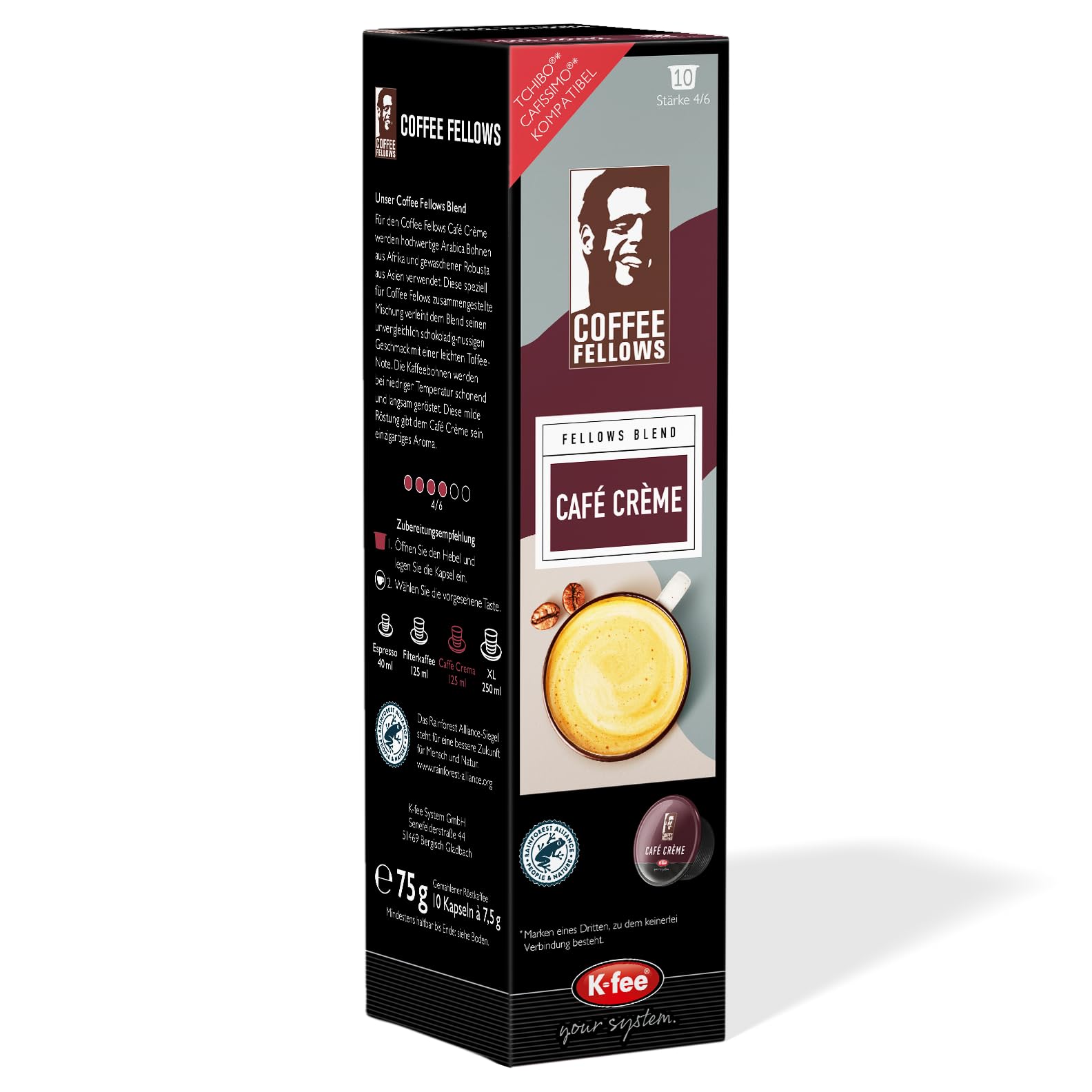 Coffee Fellows Cafe Creme Kapsułki Kawy, Kawa, 120 kapsułek (12 x 75 g) kompatybilne z Tchibo Cafissimo(R) | Kompatybilny z K-fee, EXPRESSI* & Tchibo Cafissimo* | czekoladowo-orzechowy