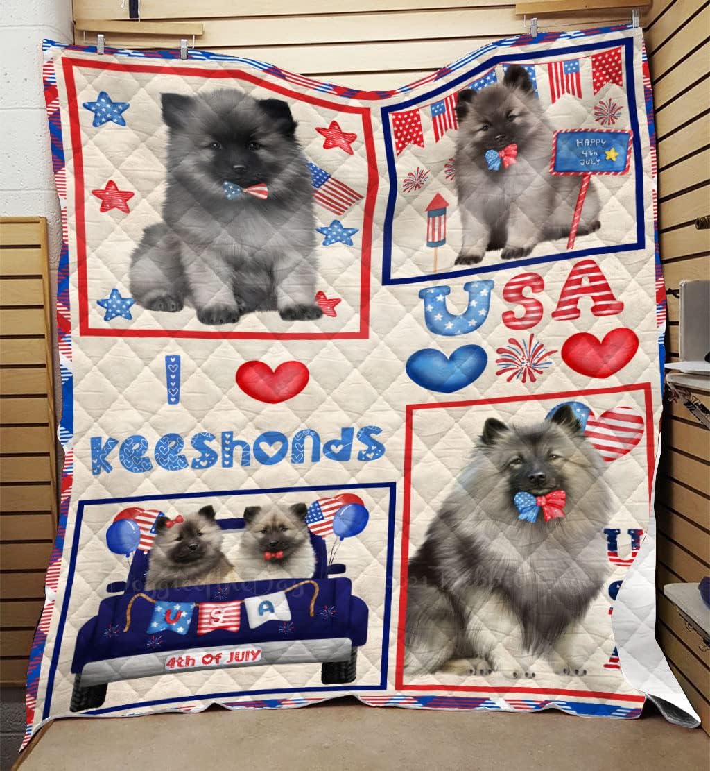 4th of July Independence Day I Love USA Keeshond Dog Quilt Bed Coverlet Bedspread - Pets Comforter with Unique One-Side Animal Printing - Soft Lightweight Washable Polyester Quilt, 50"x60"
